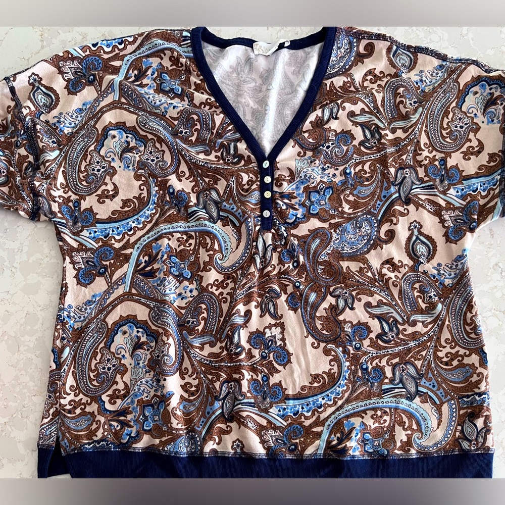 Paisley V-Neck Top with Button Detail, Suzanne Betro Weekend, Plus Size 2X